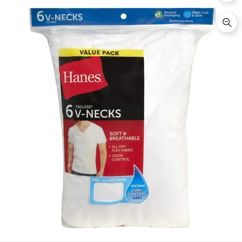 Hanes Men's XL 6 Pack White Cotton V-Neck Undershirts with Odor Control - New